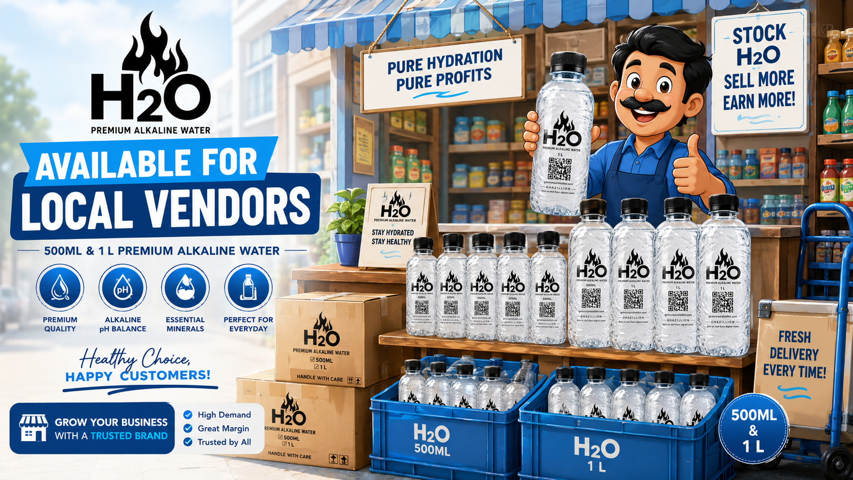 Cartoon local vendor advertisement for H2O Premium Alkaline Water